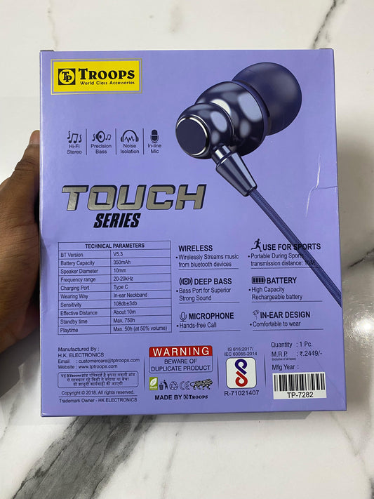 Troops Touch Series TP-7282 | Wireless Neckband 🎧 | 50 Hrs Playback 🔋 | ENC Technology | Touch Sensor Vibration Alert 🔥