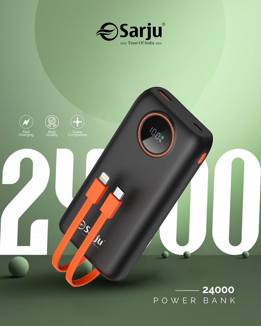 🔋 Sarju SR-P150 Power Bank – 24000mAh Beast with Fast Charging ⚡ | Dual Cable Built-in | 22.5W QC+PD