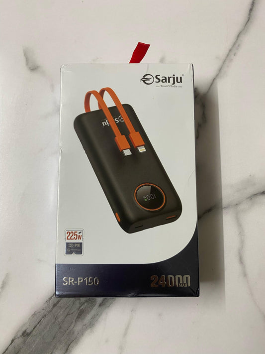 🔋 Sarju SR-P150 Power Bank – 24000mAh Beast with Fast Charging ⚡ | Dual Cable Built-in | 22.5W QC+PD